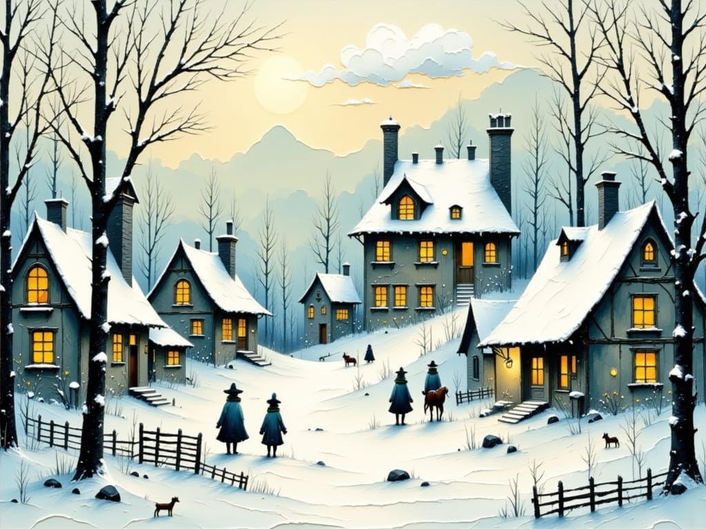Whimsical Winter Village in Soft, Monochromatic Hues