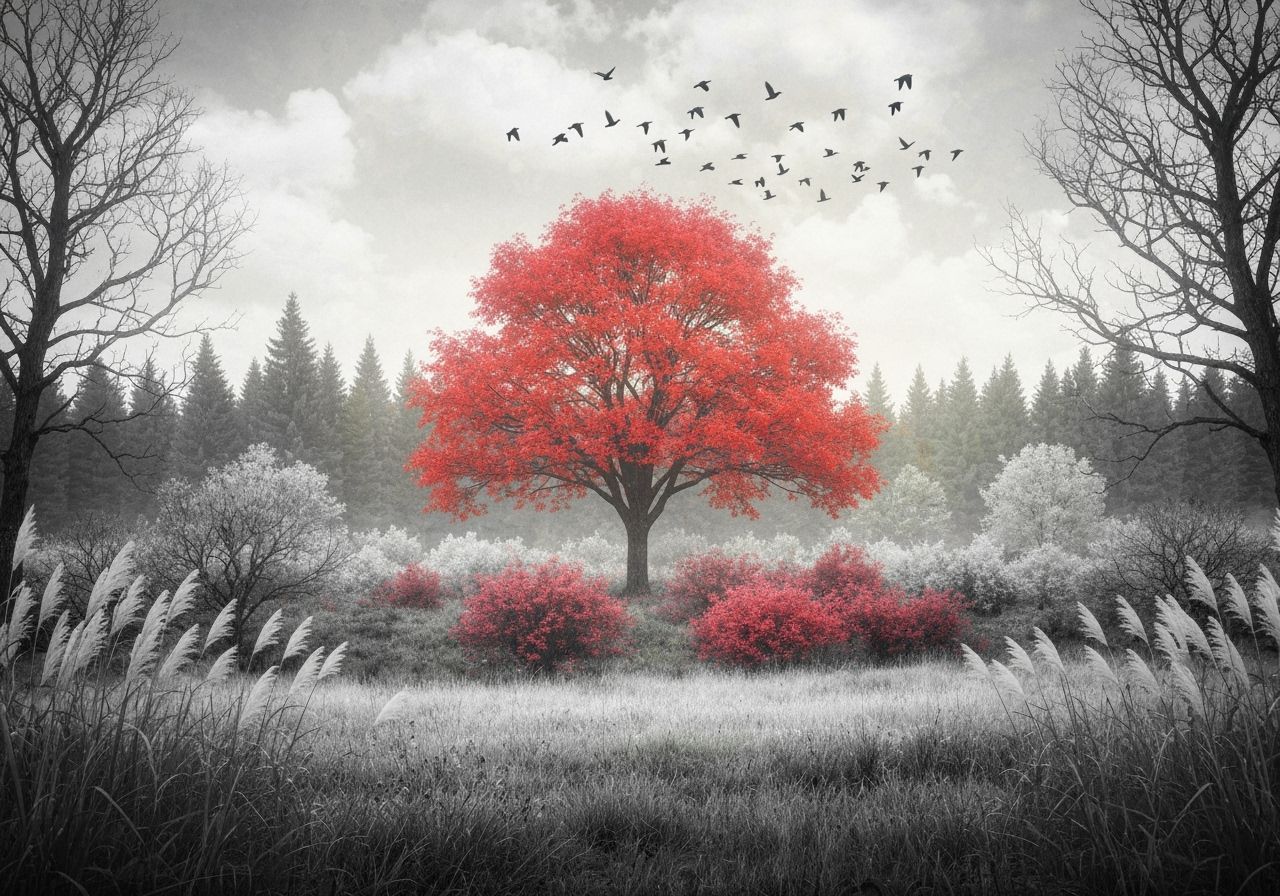 Ethereal Forest Scene with Large Red Tree