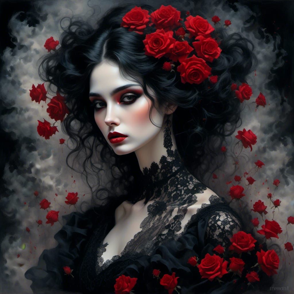 Gothic Woman with Roses in Romantic Darkness