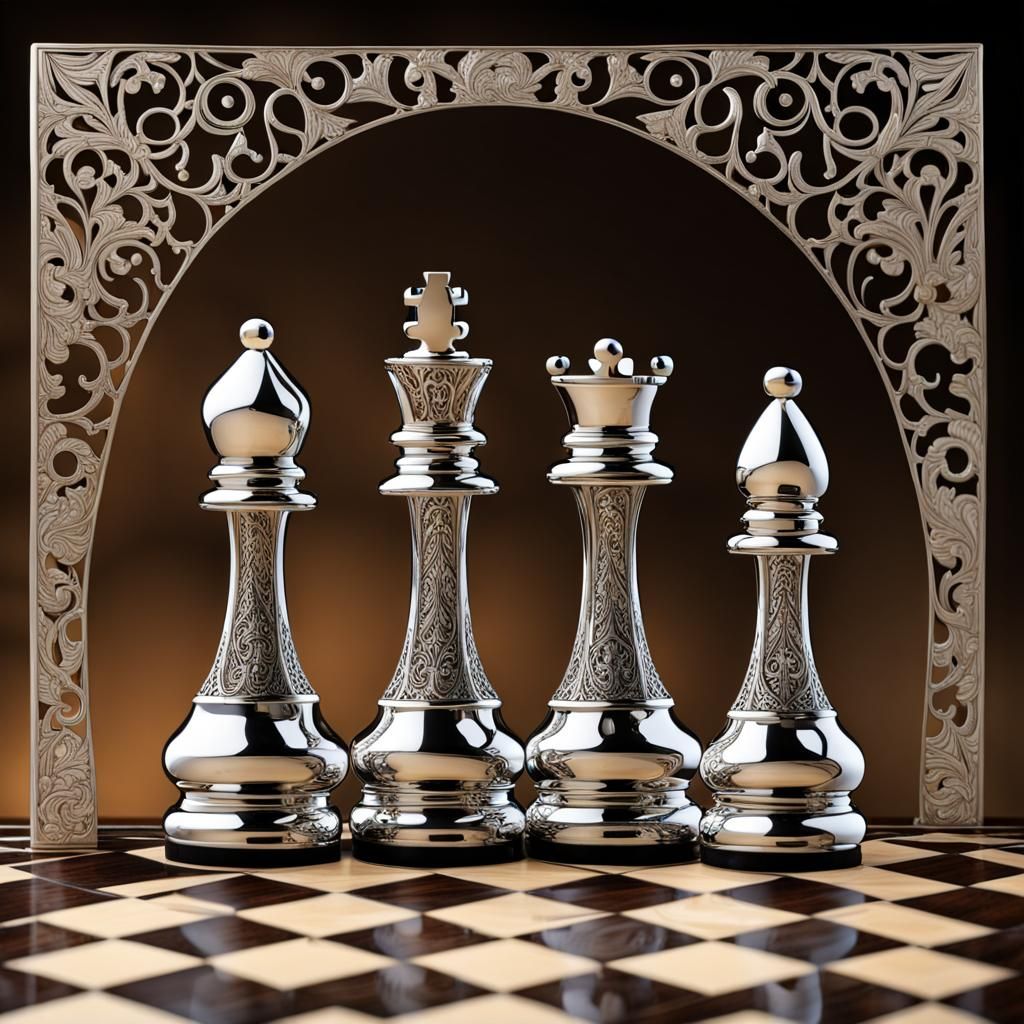 Exquisite Filigree Chess Pieces in High Polish