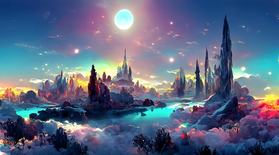 Iridescent Fantasy Landscape with Luminous Moons