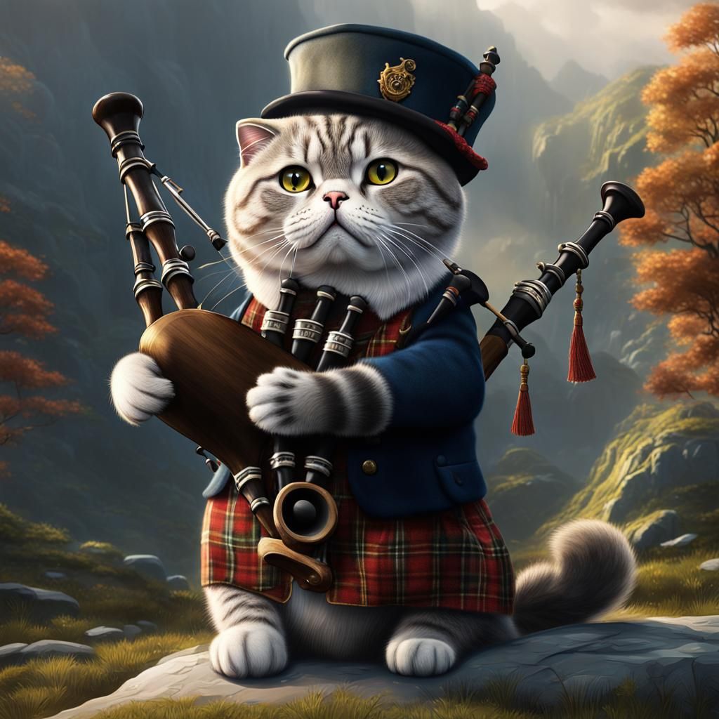Scottish Fold Cat Plays Bagpipes: Detailed Matte Painting