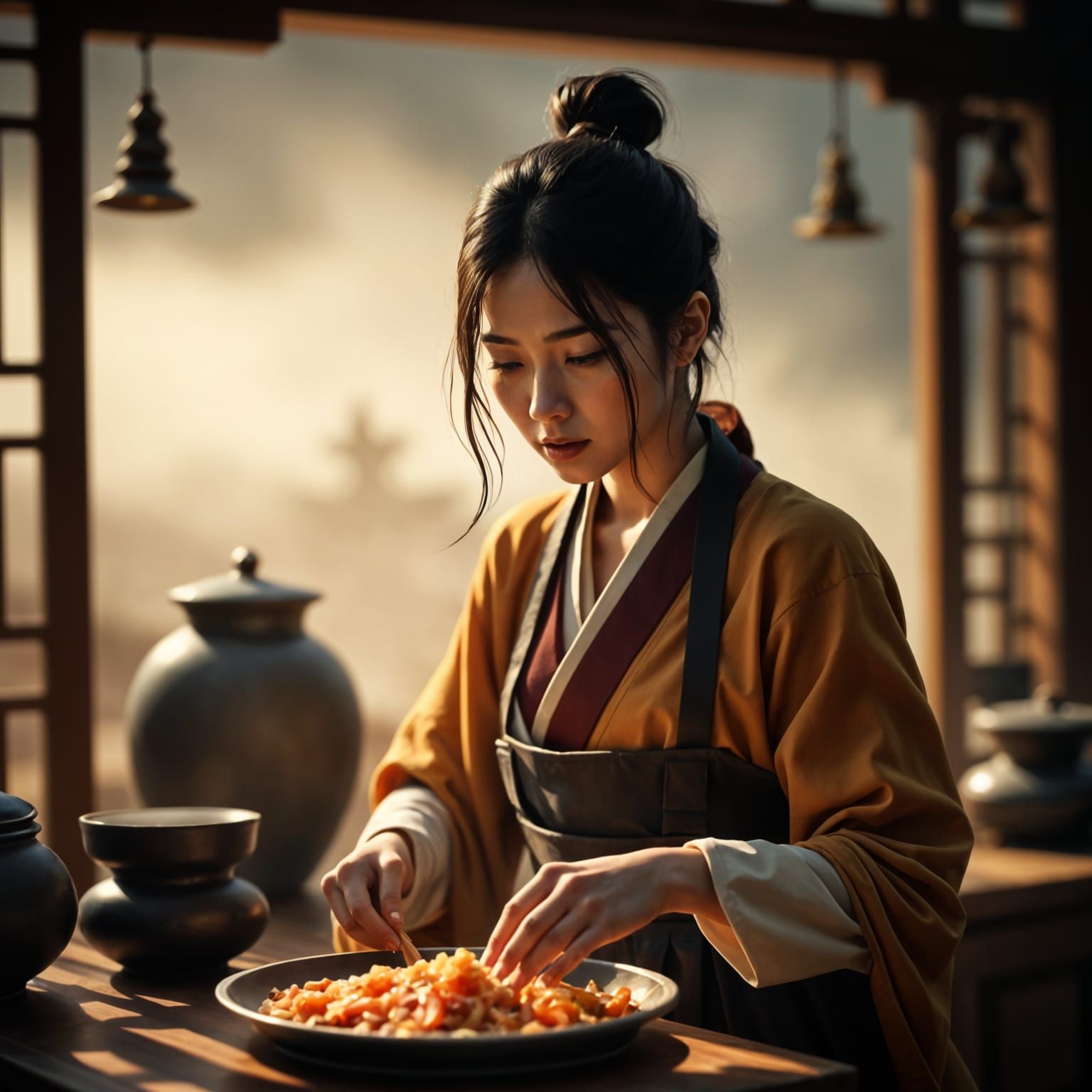 Ethereal Korean Woman Prepares Kimchi in a Windswept Desert ...