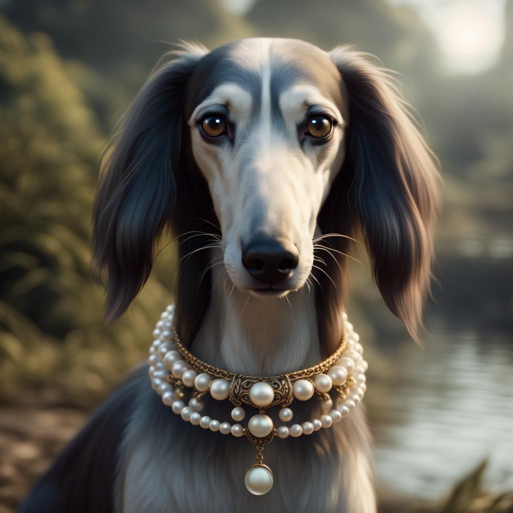 Saluki Dog with Pearl Collar: Detailed Matte Painting