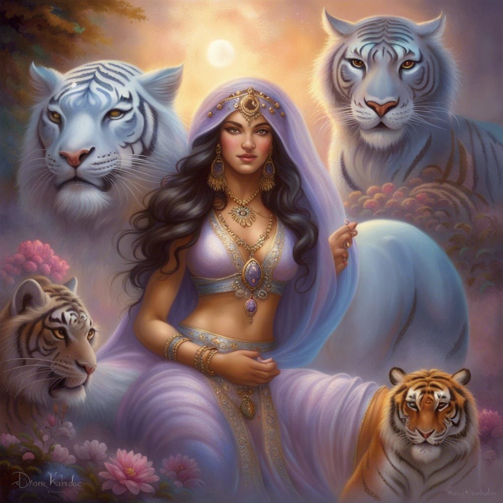 Arabian Goddess with Tigers and Djinn in Cosmos