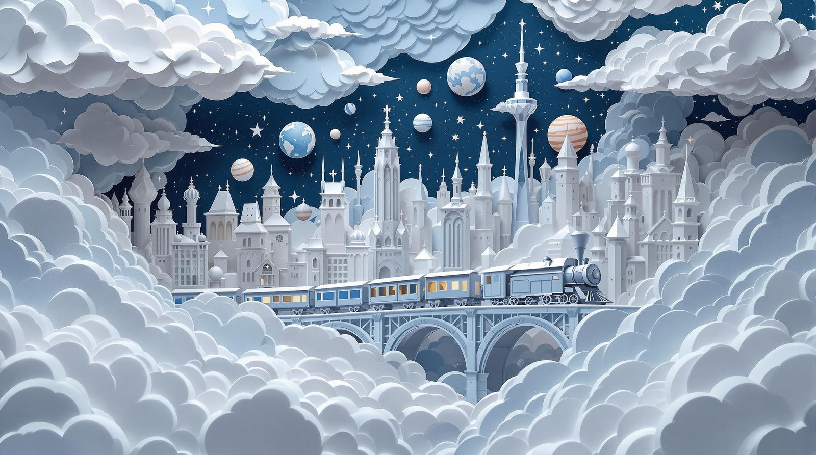 Origami Train Navigates Paper Cloud City at Night