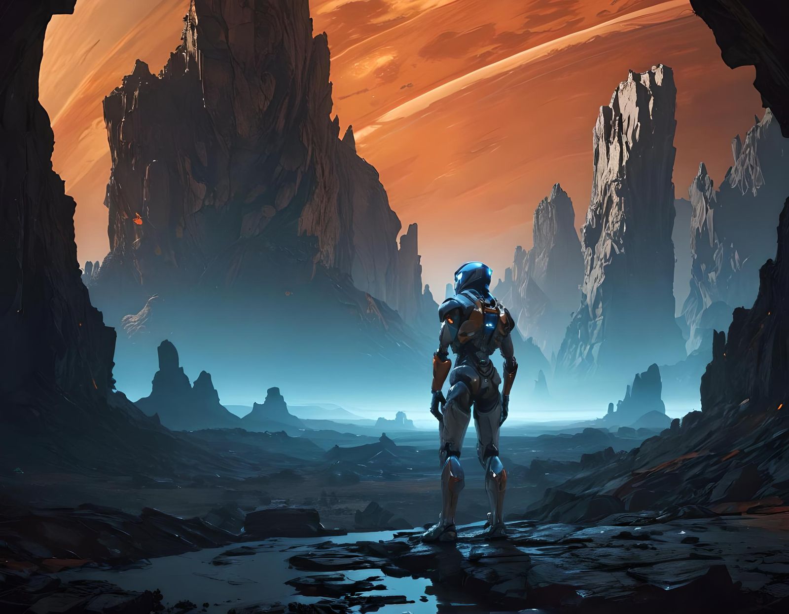 Cyborg Surveyor on Alien Planet with Saturn Sky