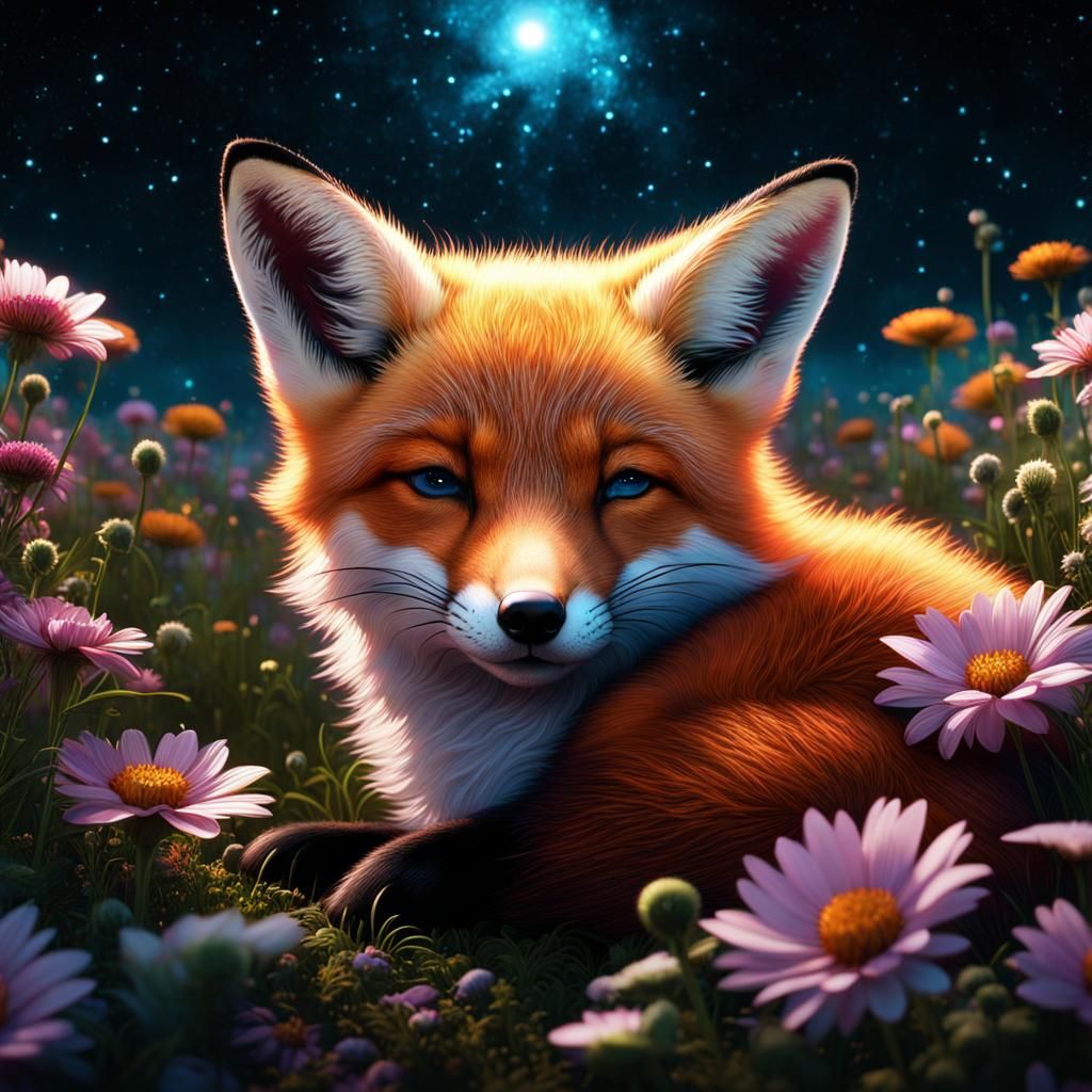 Fox Pup Dreams in Galaxy Flower Field