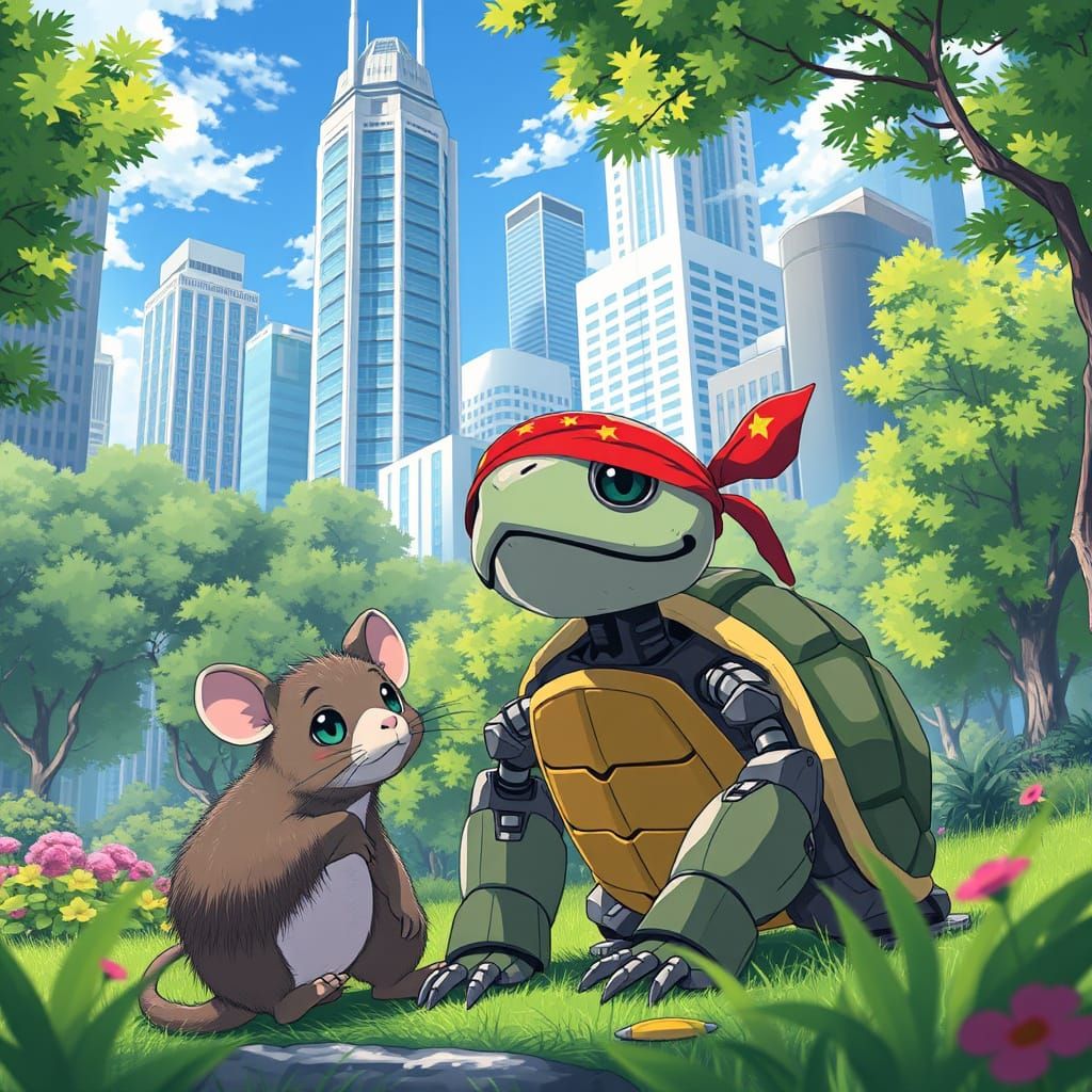 Anime Cityscape with Robot Rat and Turtle