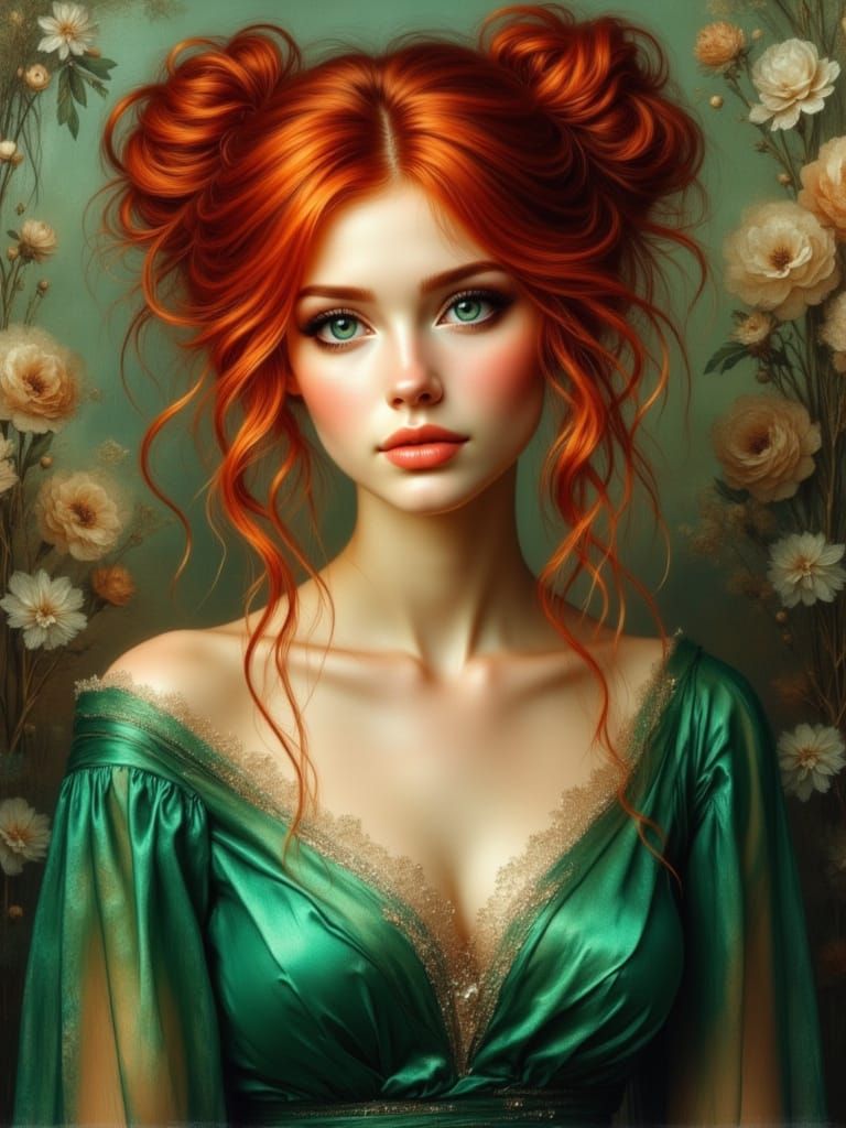 Red-Haired Woman in Emerald Dress, Romantic Painterly Style