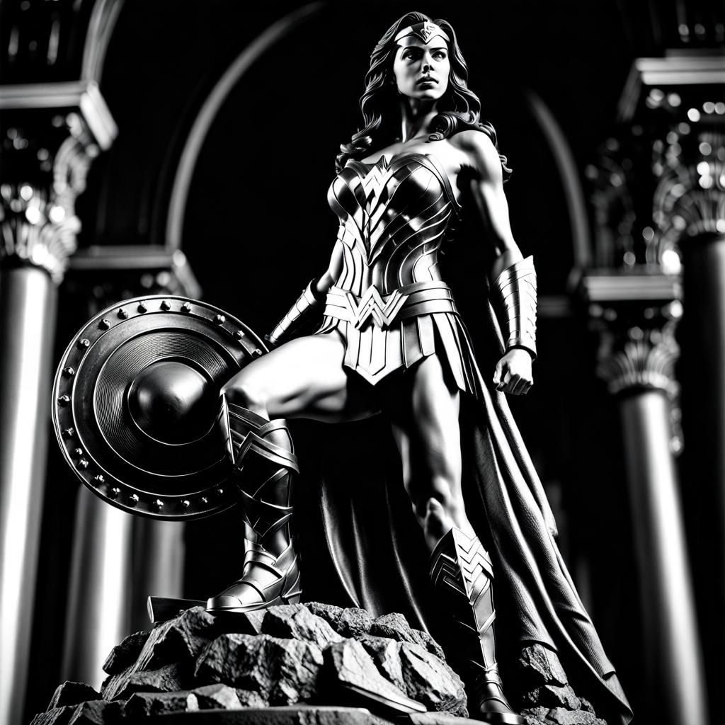 Dynamic Monochrome Sculpture of Wonder Woman