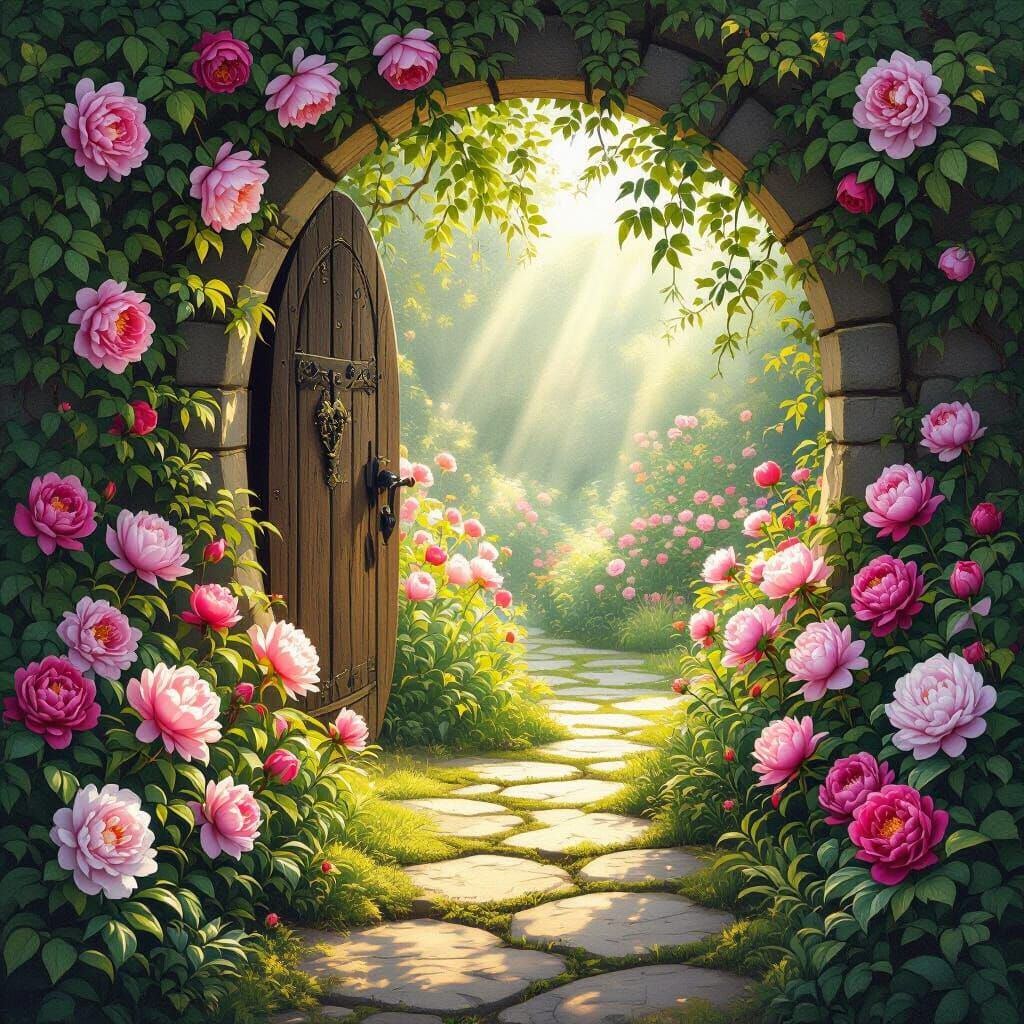 Magical Enchanted Garden with Lush Peonies
