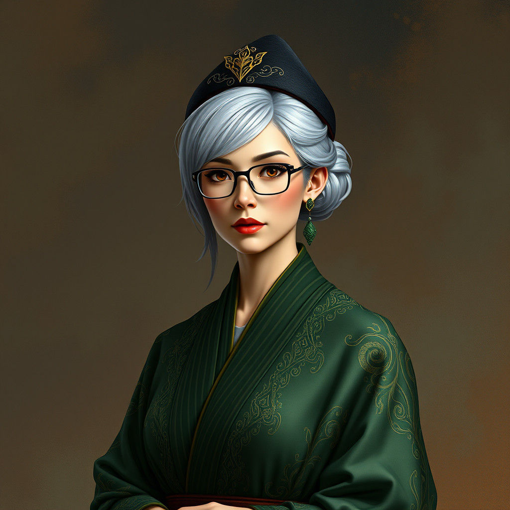 Elegant Woman in Green Robes Digital Painting