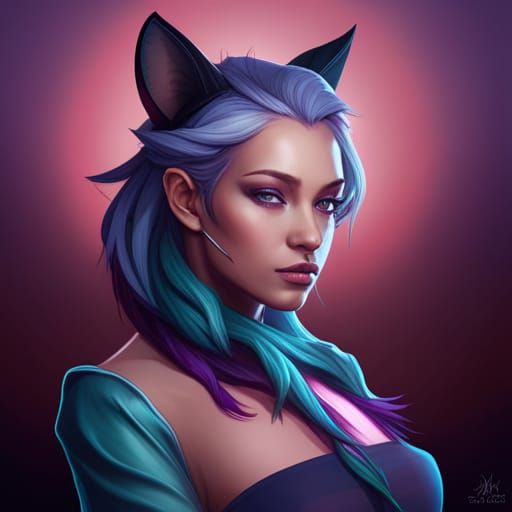 Fox Woman Portrait with Purple Hair in Art Nouveau Style