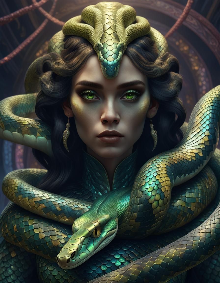 Iridescence - Anthropomorphic hybrid snake woman with iridescent snake scales skin