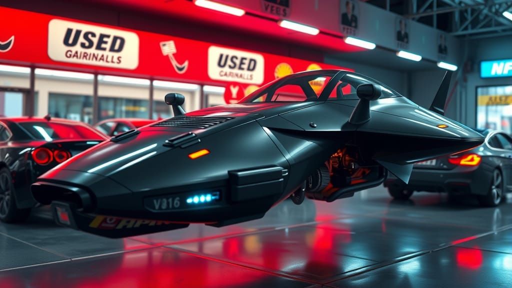 A used complex but small spaceship up for sale at a used car...