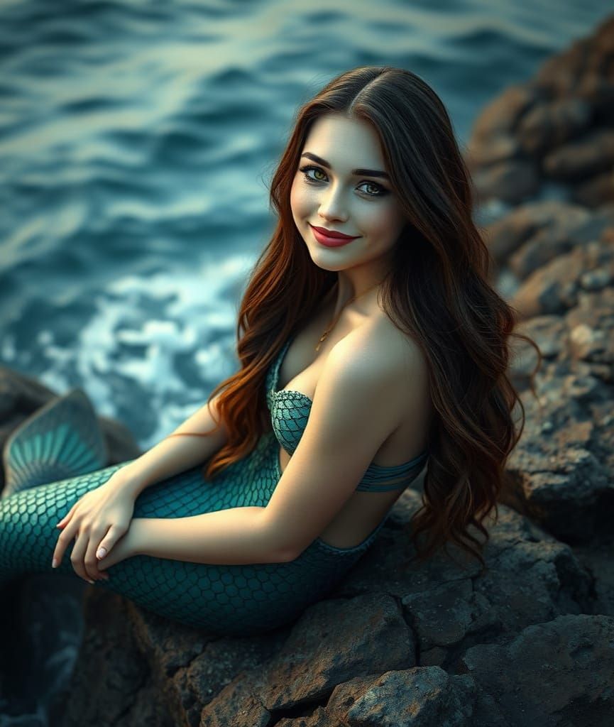 Pretty Mermaid Woman Sits on Seaside Rock