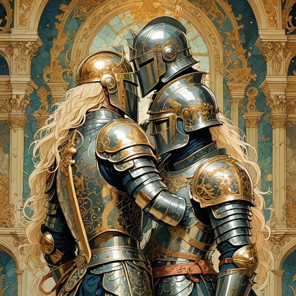Armored Knights Embrace in Fantasy French Empire Style