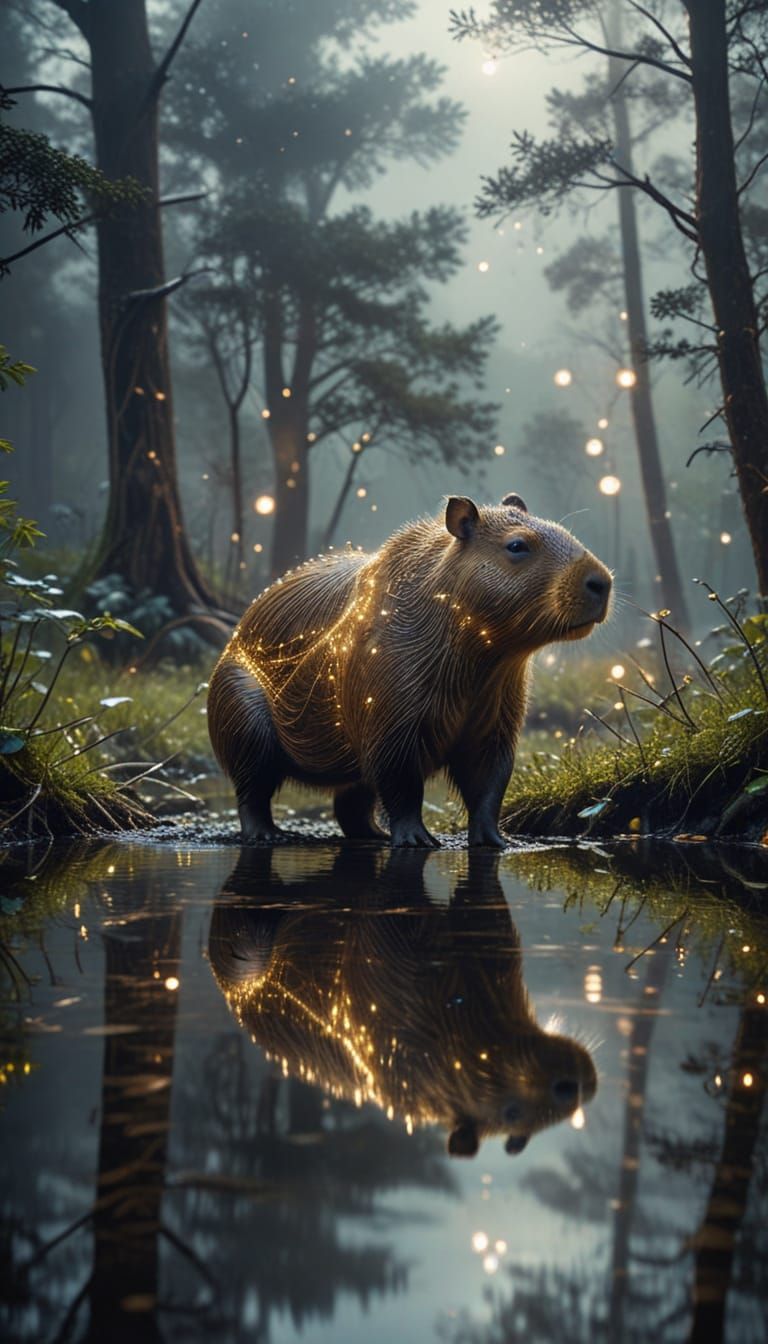 Hypermaximalist Capybara Emerge from Forested Pond
