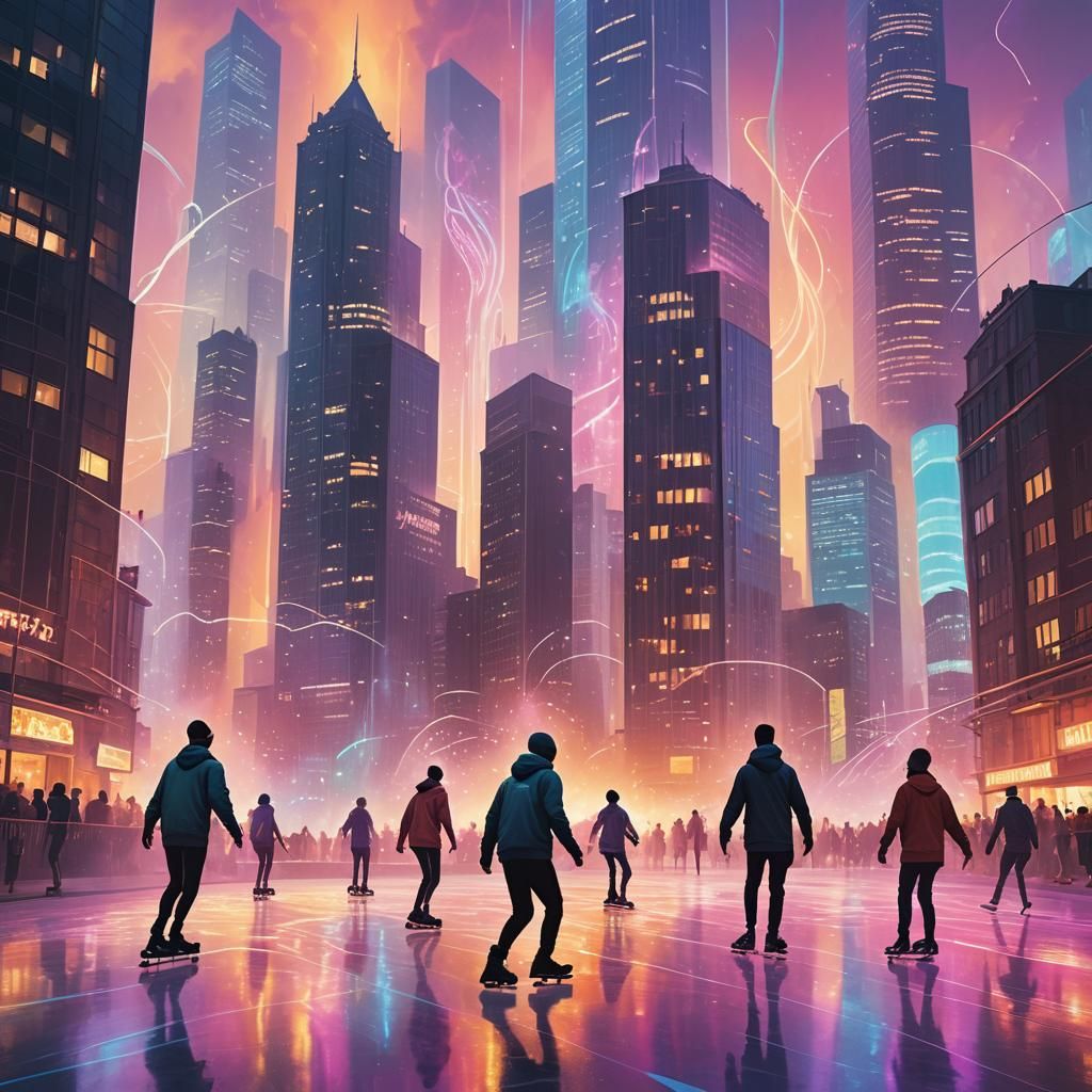Skaters Glide Through Mystical Cityscape in Digital Painting