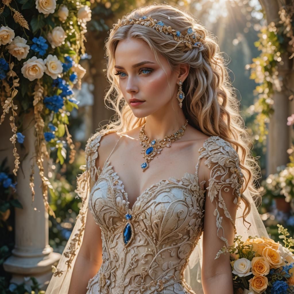 Romantic Bride in Sunlight Garden, Hyperdetailed Art