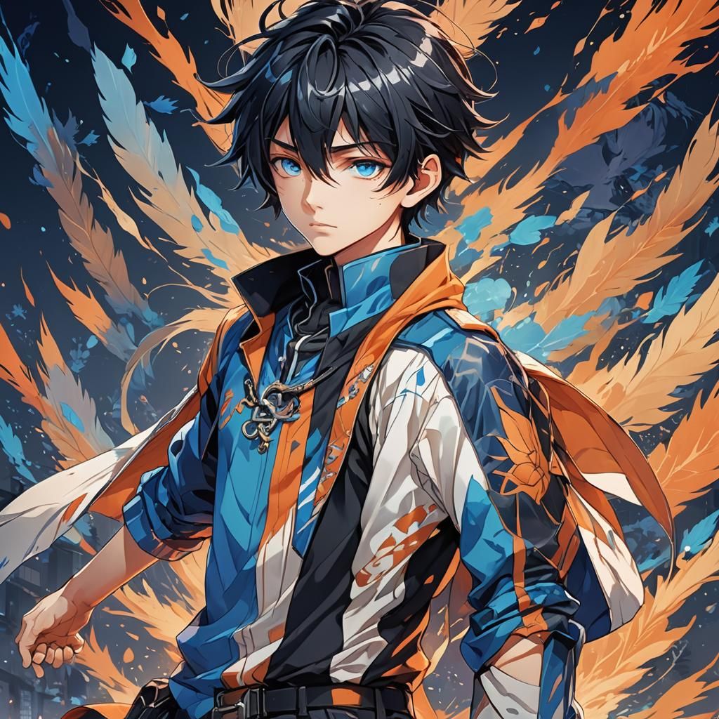 Anime Boy with Blue Highlights in Vibrant Illustration