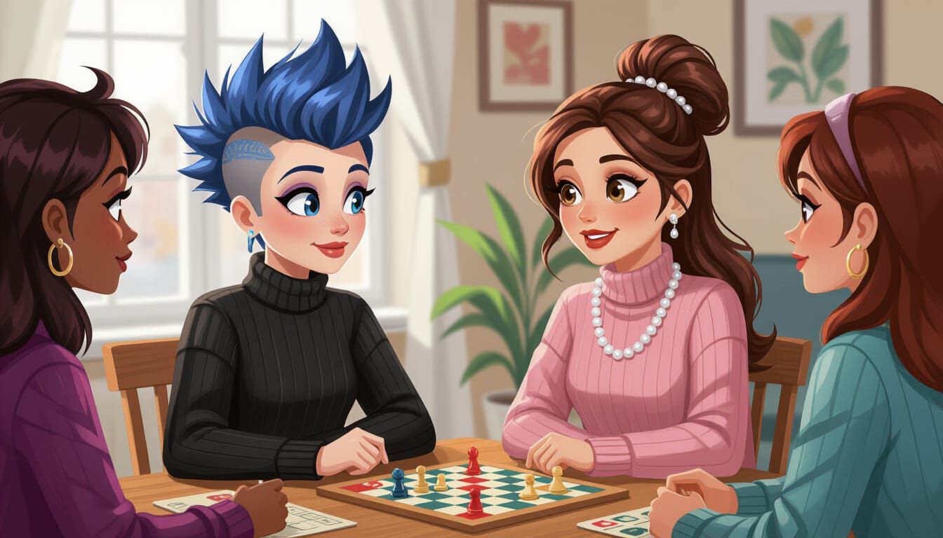 Diverse Friends Enjoy Board Games in Whimsical Cartoon