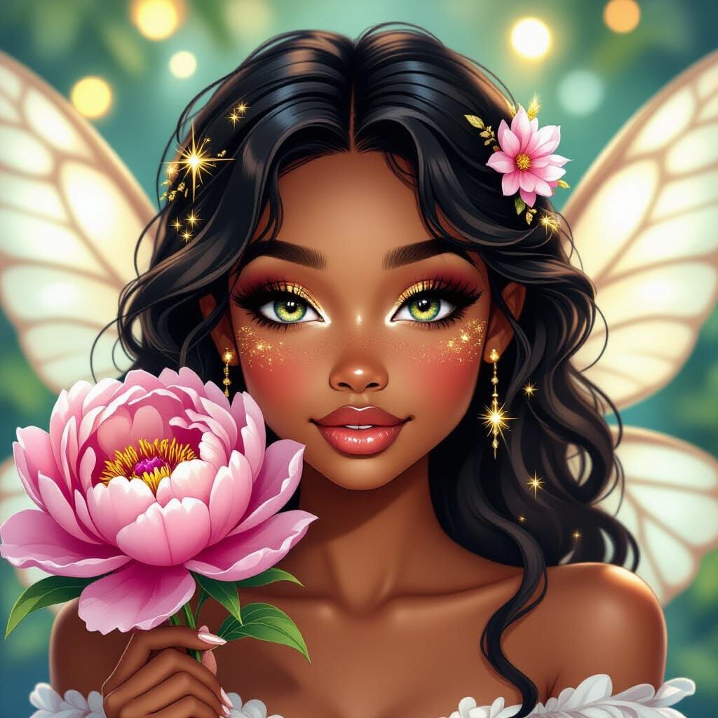 African American Fairy with Peony, Hyper-Realistic Comic Sty...