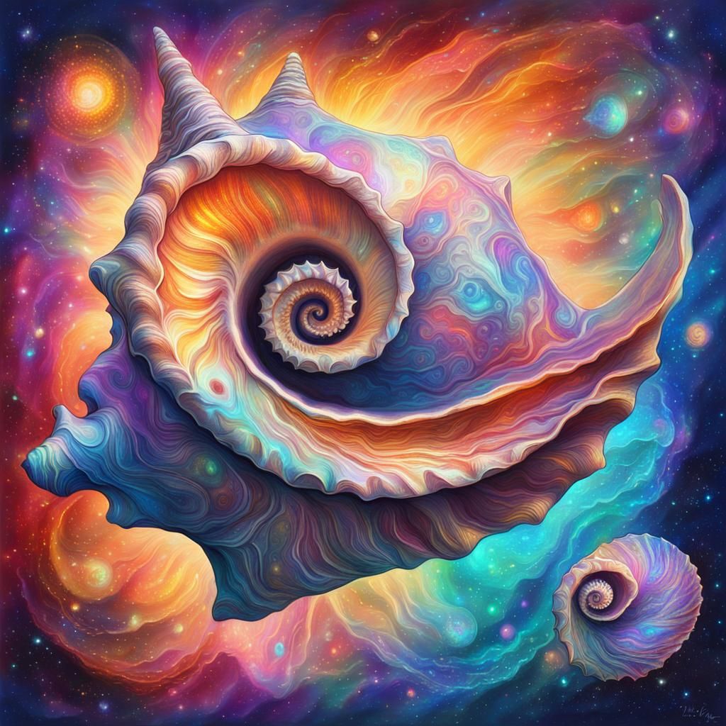 Holographic Conch Shell Illustration in Cosmic Style