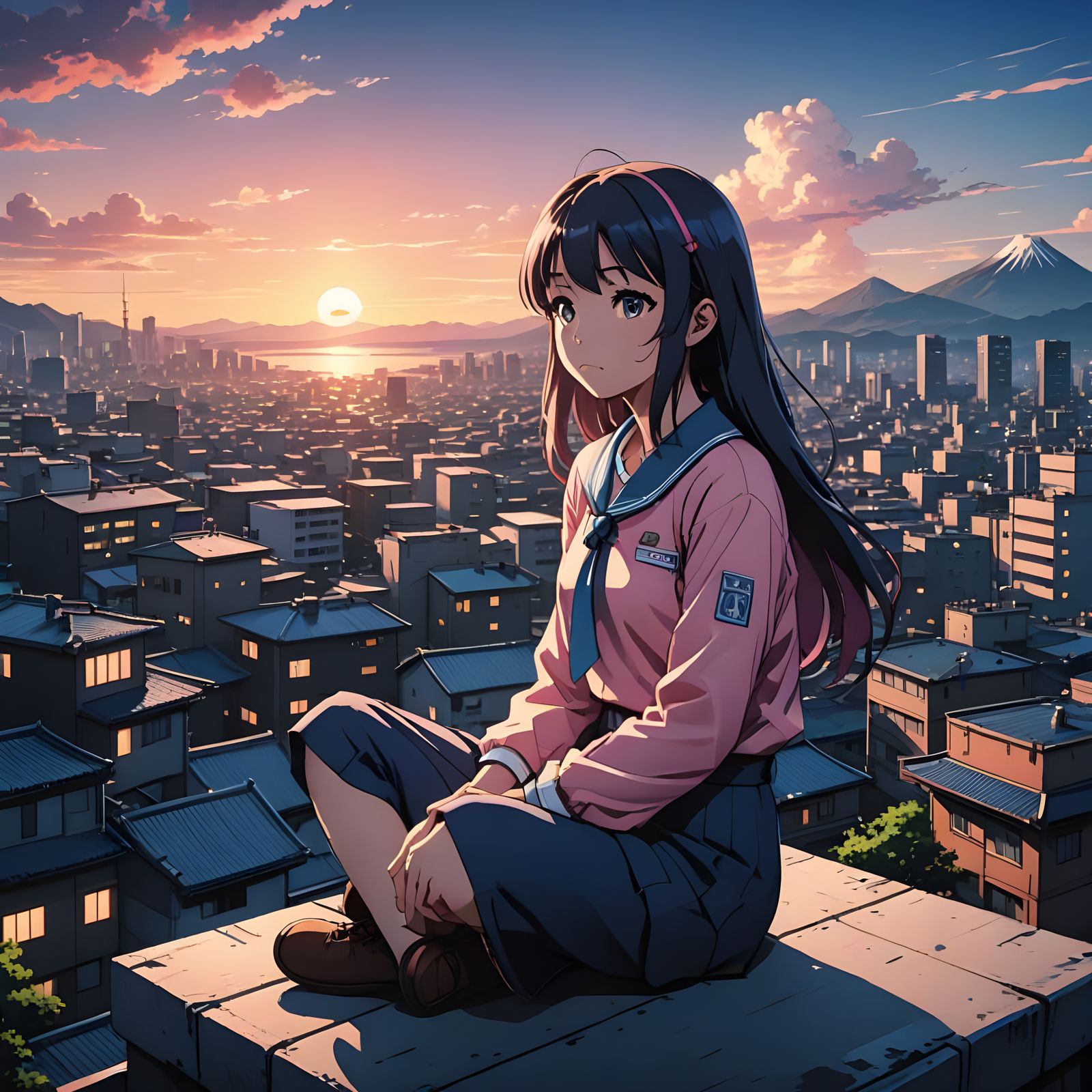 Anime Girl in Japanese City Rooftop Scene