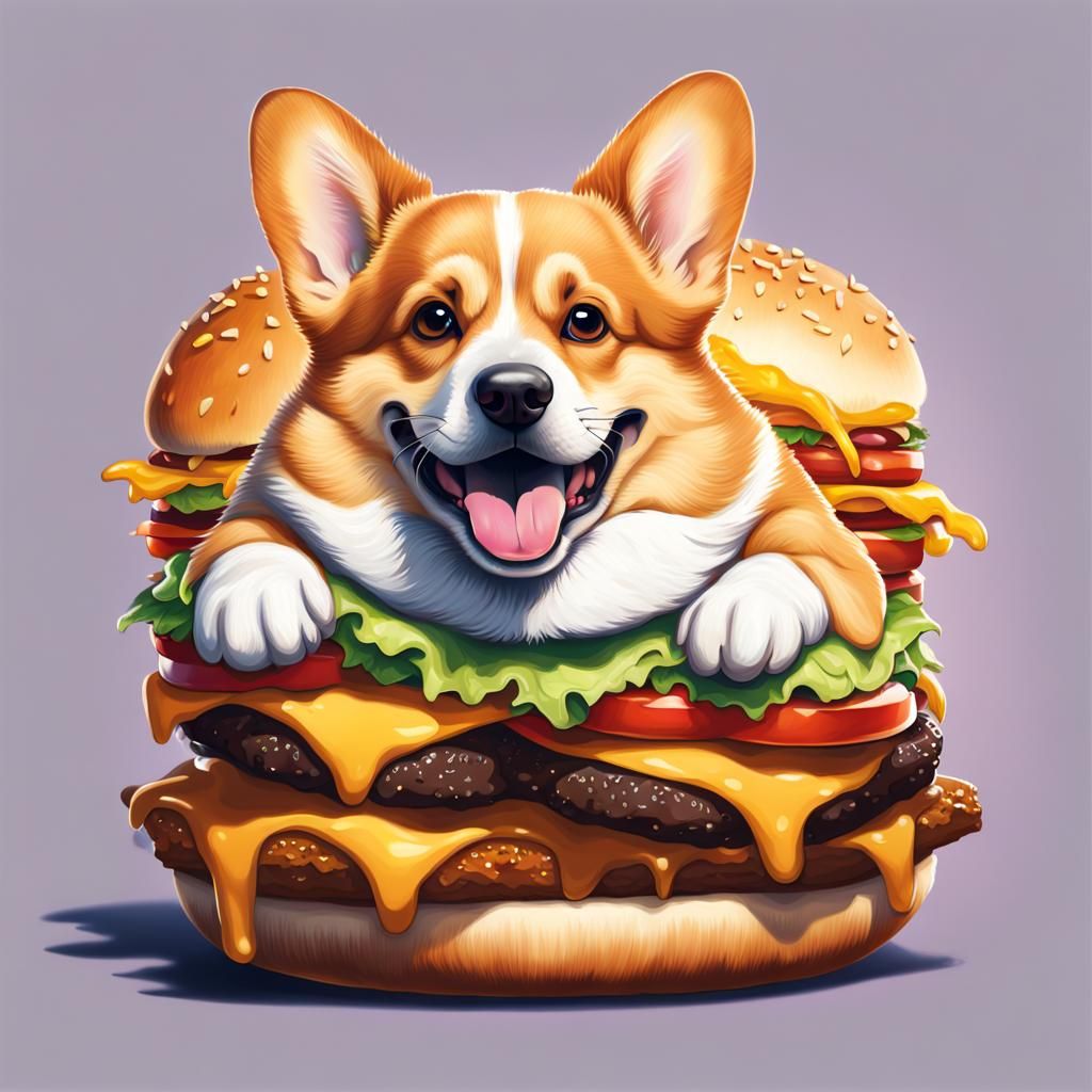 Duke the Corgi Eating a Cheeseburger