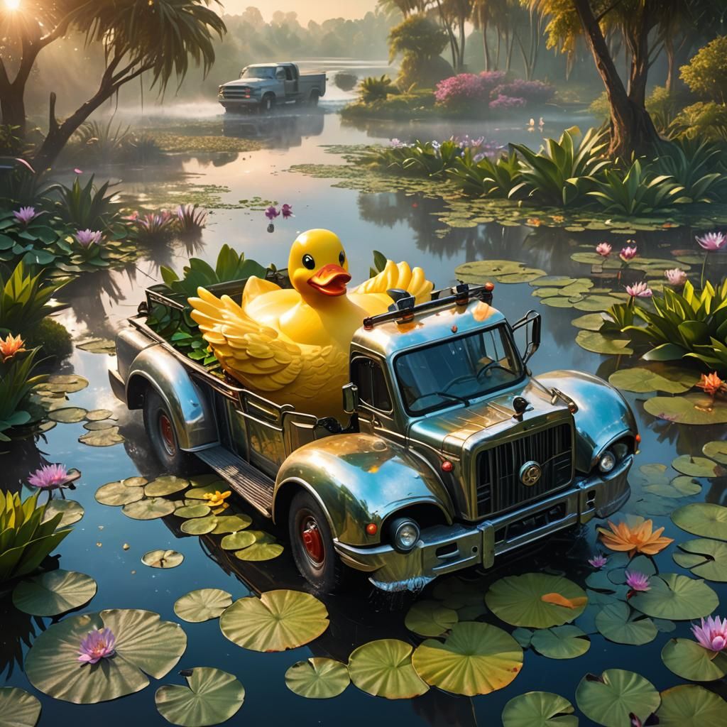 Giant Rubber Duck Drives Mack Truck in Mystical Landscape