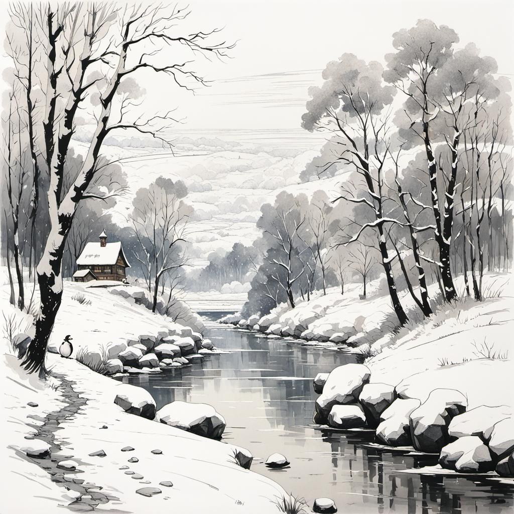 Detailed Ink Drawing of Winter Landscape