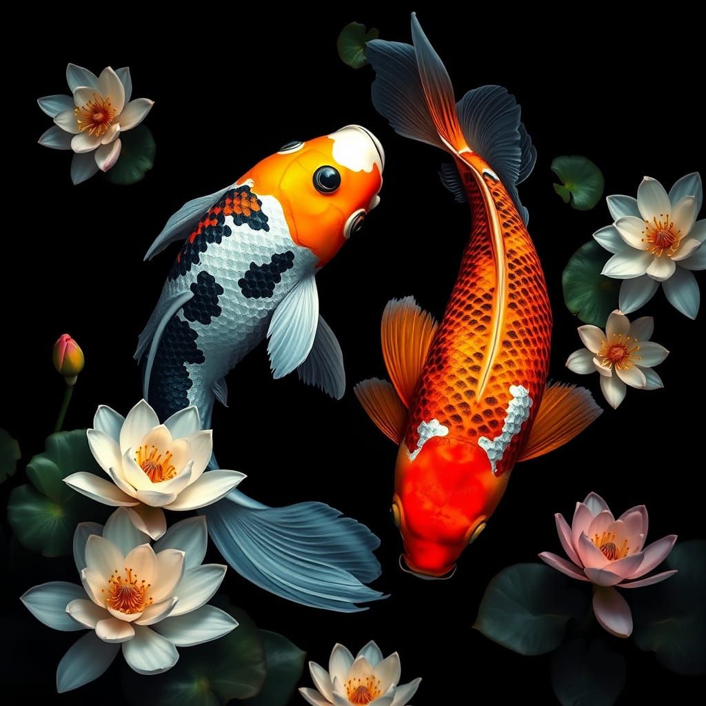 Vibrant Koi in Lush Aquatic Scene with Water Lilies