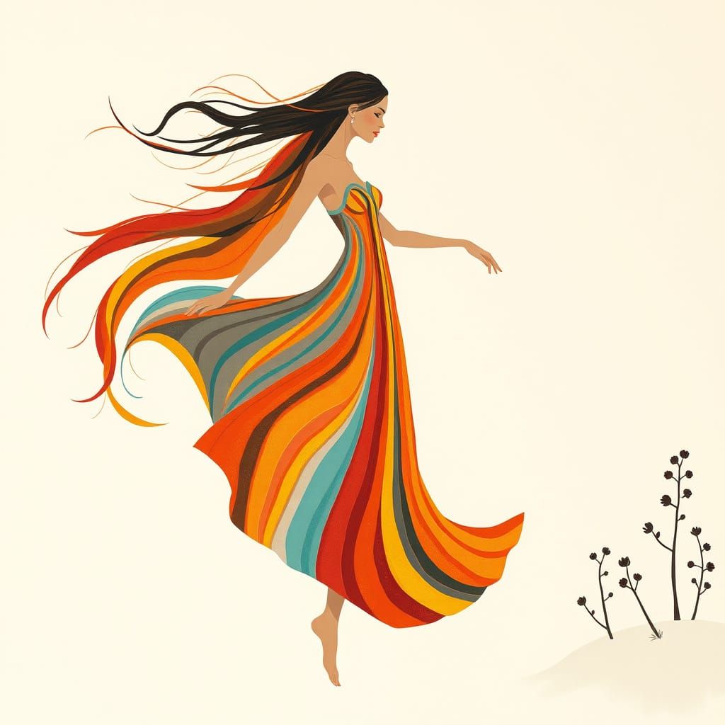 Ethereal Woman in Vibrant Striped Dress, Mid-Century Modern ...