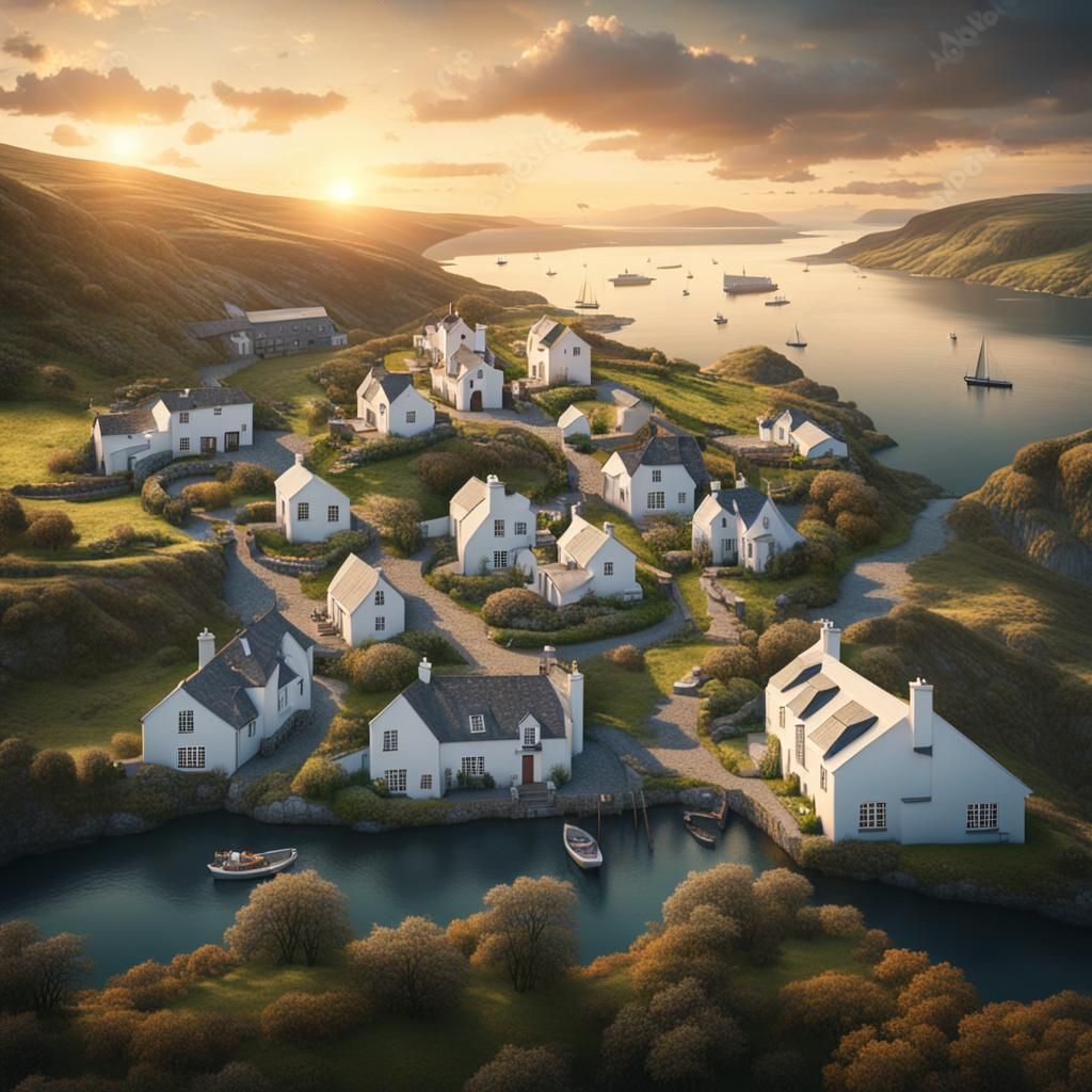 Sunset Aerial View of Harbor and Cottages