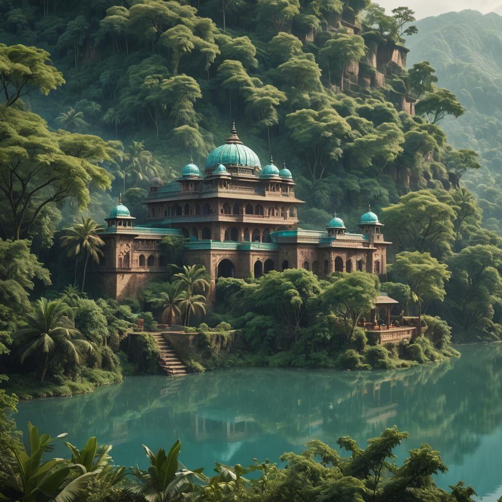 Luxurious Indian Hotel on Island: Vintage Travel Poster