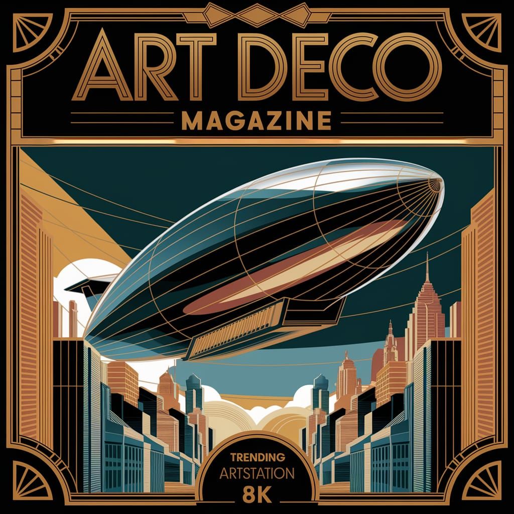 Sleek Art Deco Zeppelin Dominates Vibrant Cityscape in Metal...