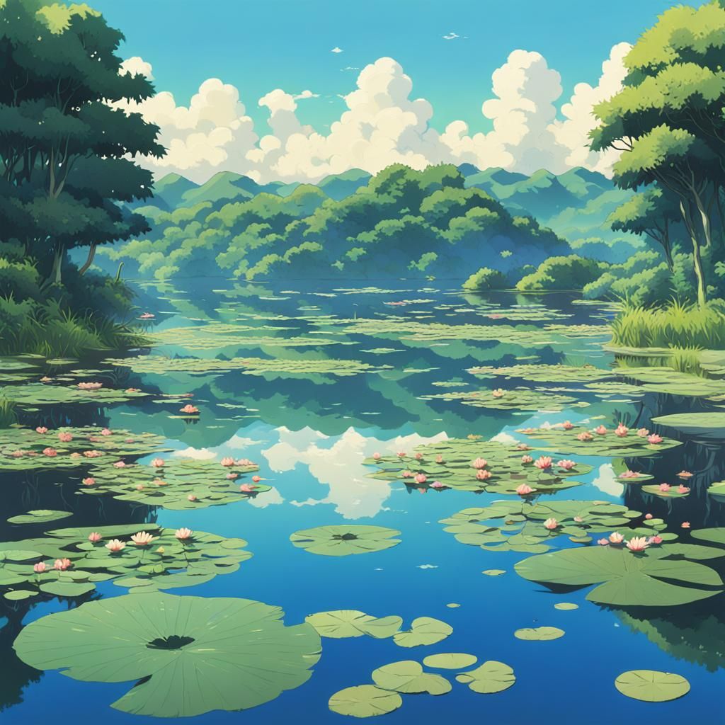 Water Lilies on Lake: Studio Ghibli Anime Visual
