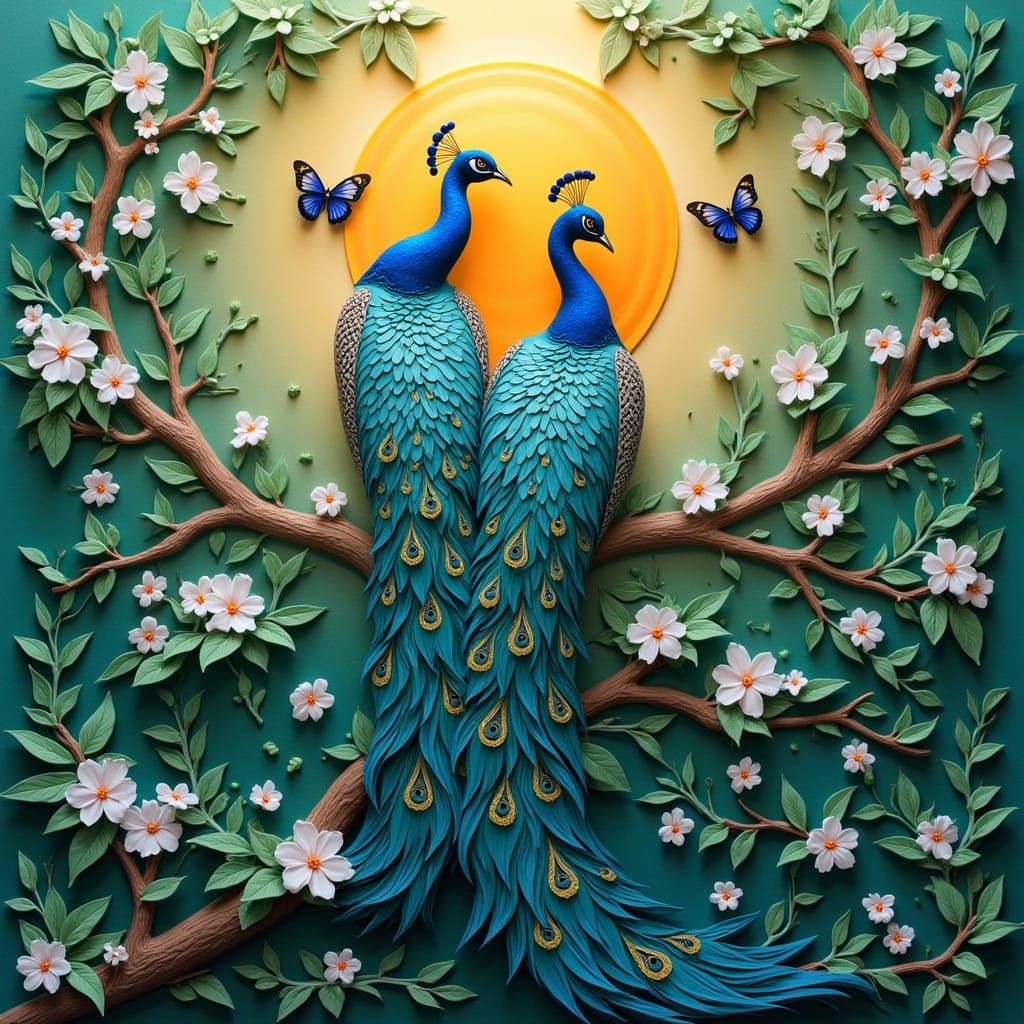 Majestic Papier-Mâché Peacocks Amid Lush Greenery in Vibrant...