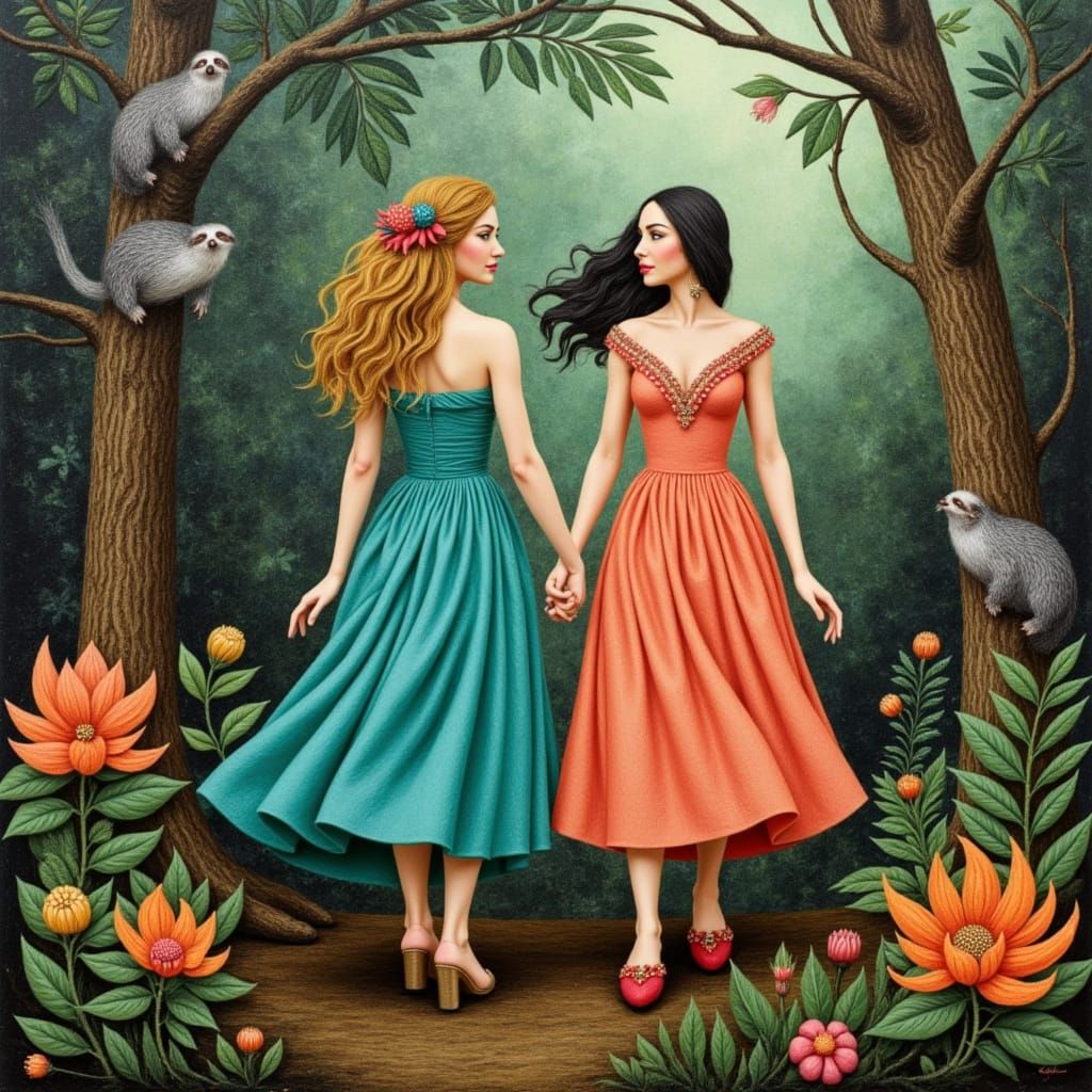 Dreamy Sloth Couple in Tropical Rainforest, Storybook Style