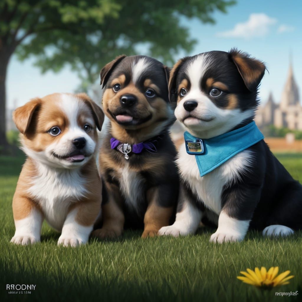 Three Adorable Puppies Playing in a Vibrant Park Scene