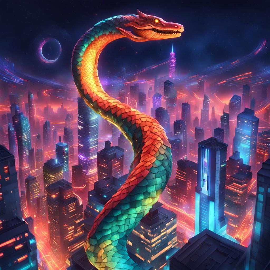 Galactic Serpent Towers Over City in 3D Anime Art