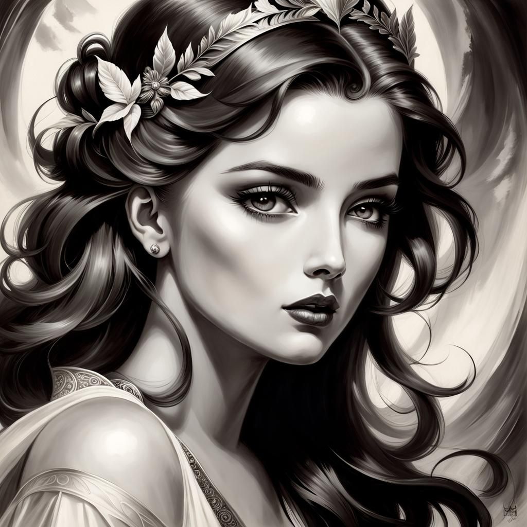 Monochrome Portrait with Fantasy Elements in Grisaille Style