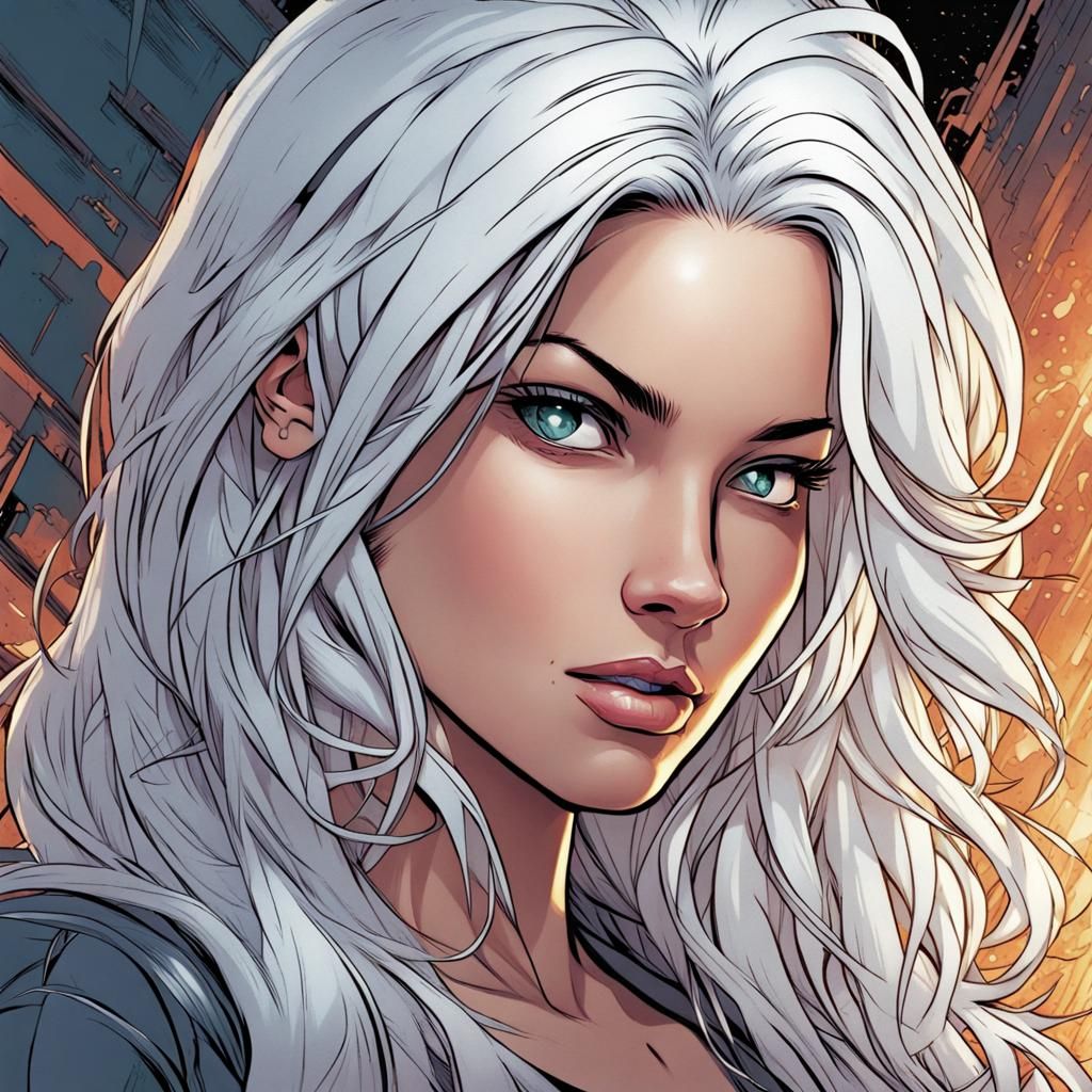 Caucasian Teen Girl with White Hair Comic Art
