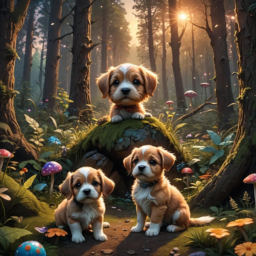 Tan Puppy in Colorful Forest Sphere, Detailed Matte Painting