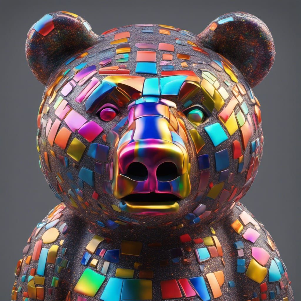 Holographic Neon Totem Bear Head in Hybridcore Style