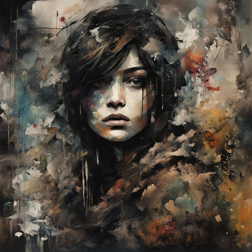 Somber Girl With Kitten in Mixed Media Art