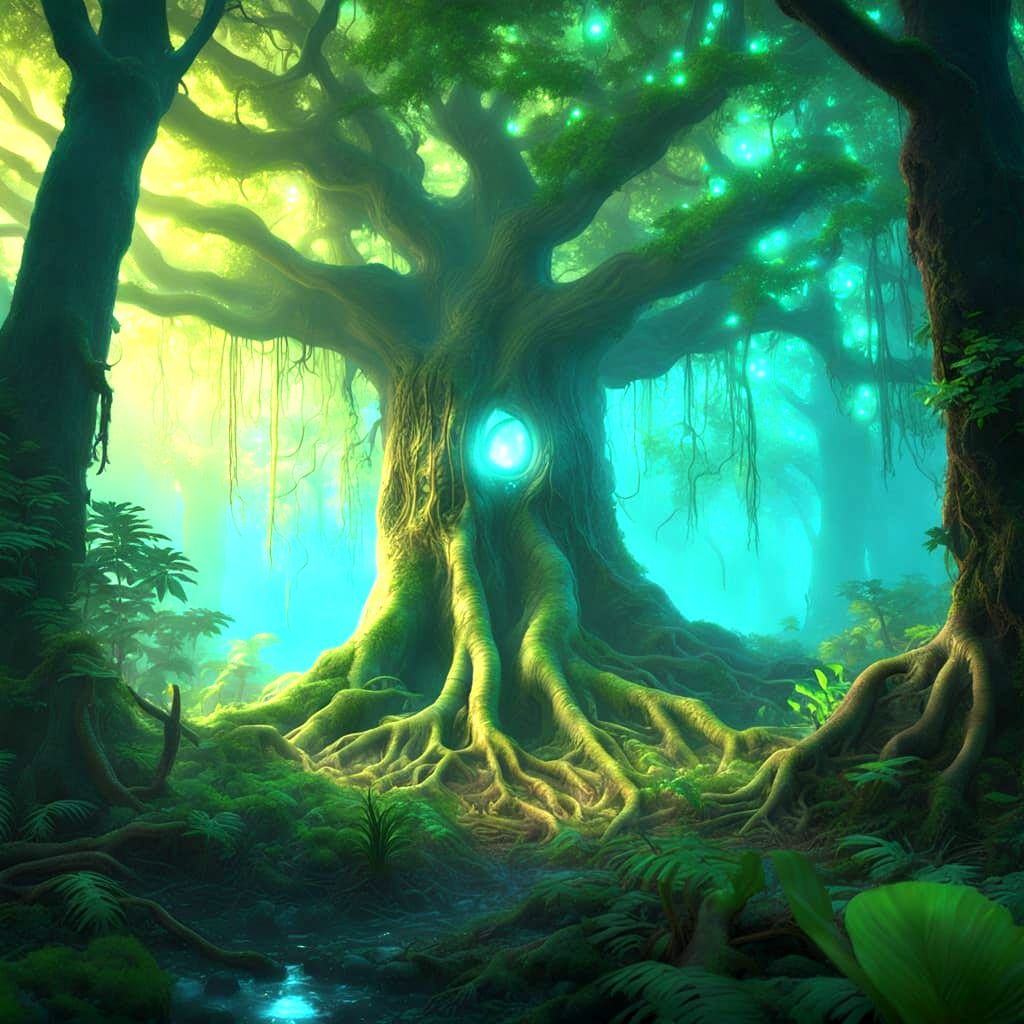 Bioluminescent Portal in Ancient Tree Roots