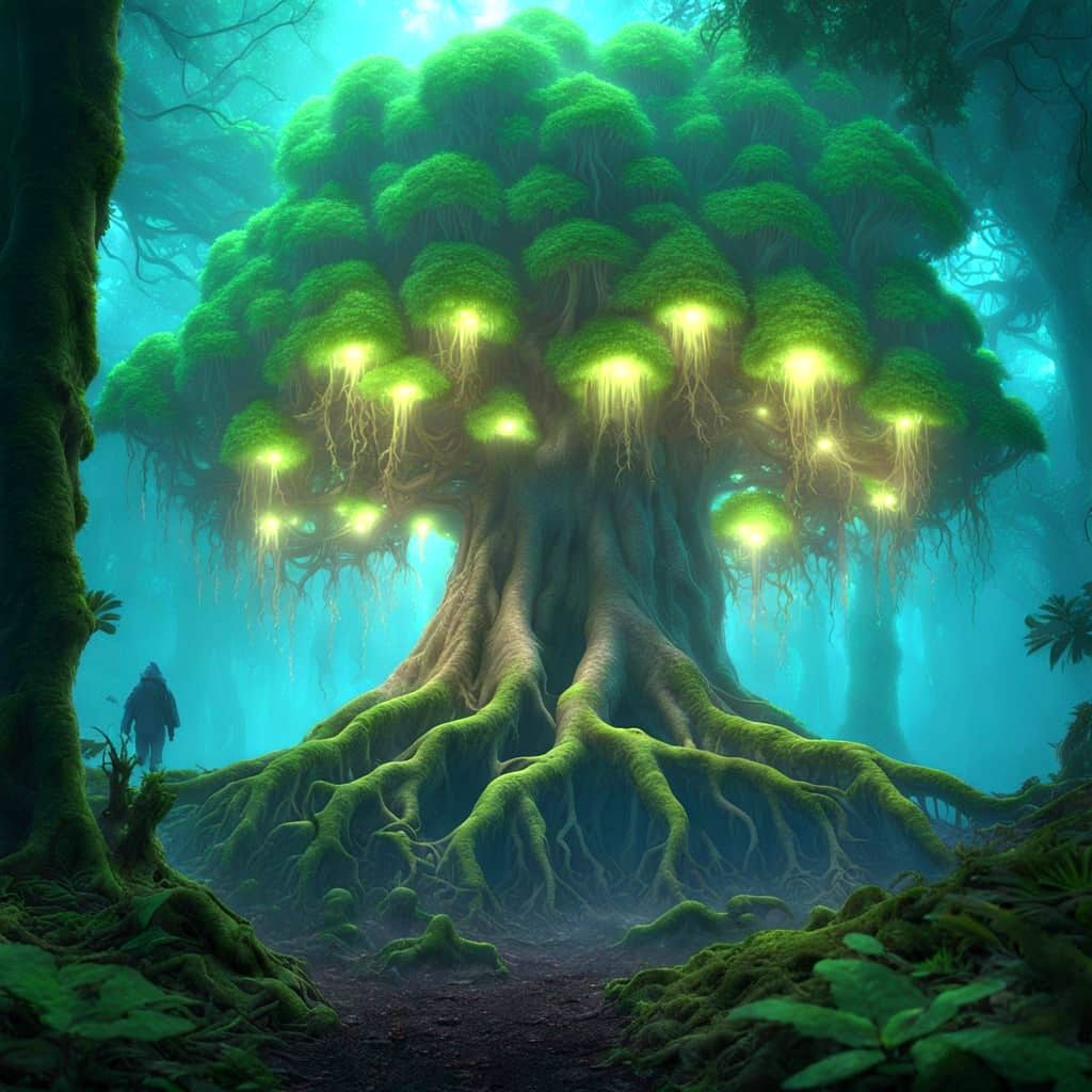 Bioluminescent Tree Portal in Misty Forest